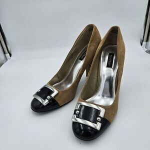 White House Black Market Women’s 10 Theo Camel Suede & Black Patent Block Heel